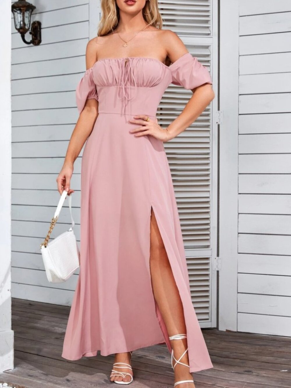 Dusty Pink Off Shoulder Tie-Front Maxi Dress